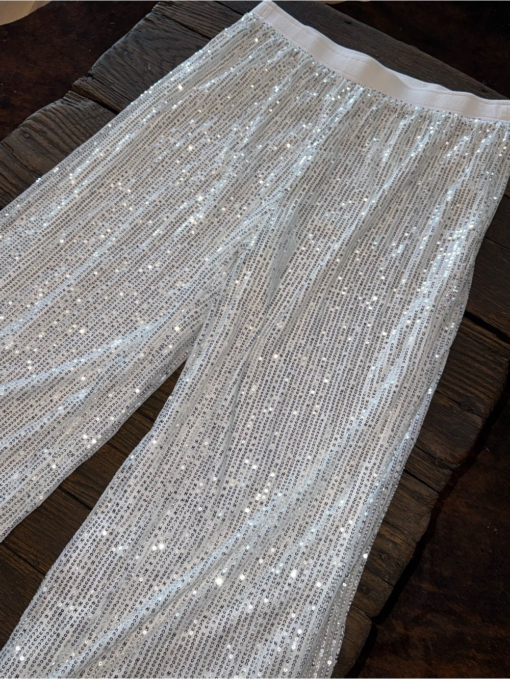 White Sequins Wide-Leg Pants Women’s Size 1XL